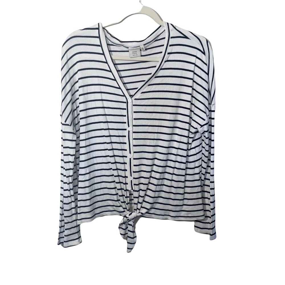 Good Luck Gem Thermal Tie Front Striped Top Size XL Black White